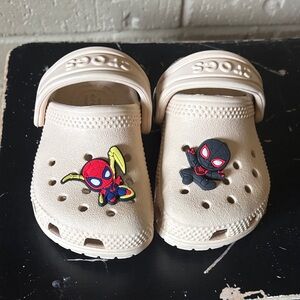 Kids Beige Crocs Shoes with Spider Hero Charms